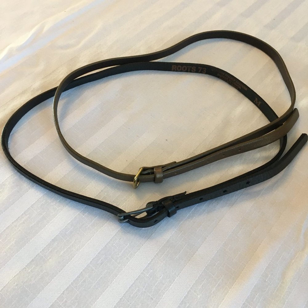 LOT of 2 Medium leather skinny belts black ROOTS 73 bronze EDDIE BAUER women's